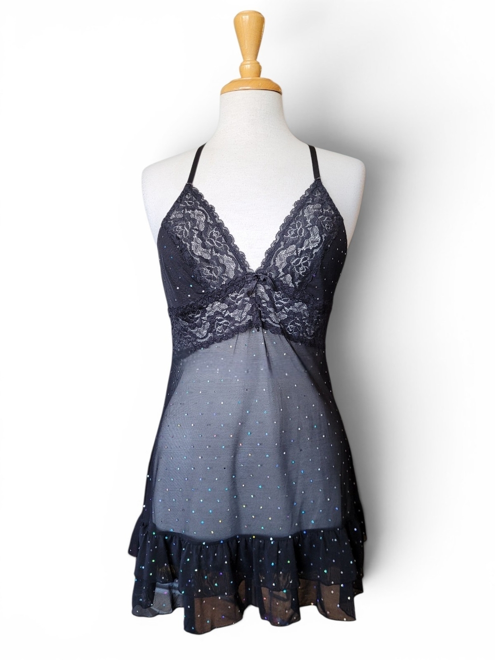 Black Lace & Sheer Mesh Teddy with Holographic Sparkle Dots Large